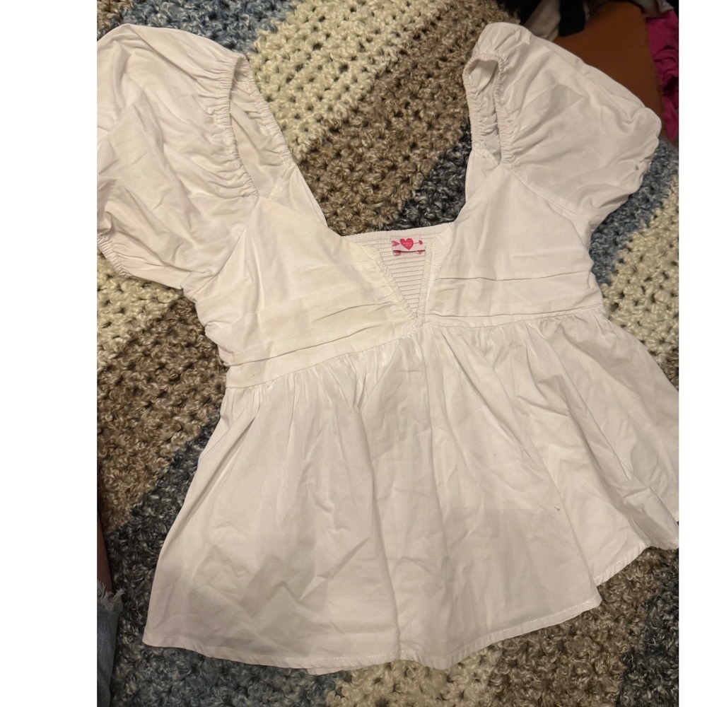 BuddyLove White Puff Sleeve Peplum Top Smocked Back Babydoll Blouse Small